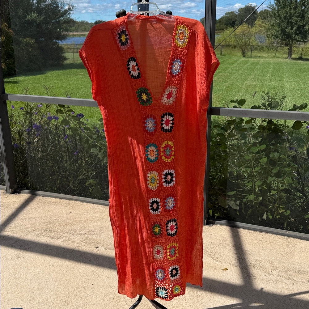 Orange Crochet Caftan Swimsuit Bikini Coverup dress one size